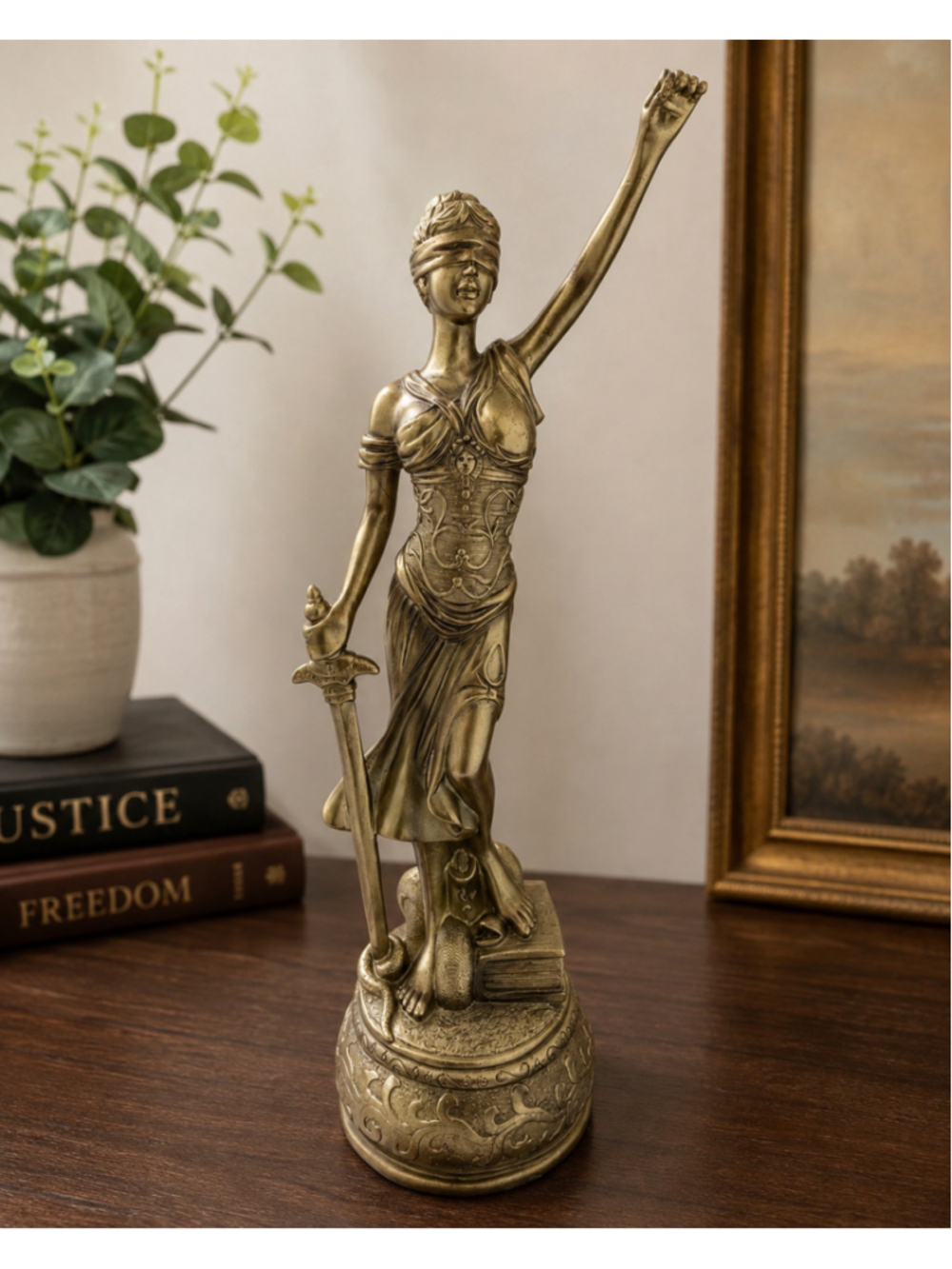 Lady Justice Blindfolded Sword Statue Bronze Tone Legal Office Decor 14.25"